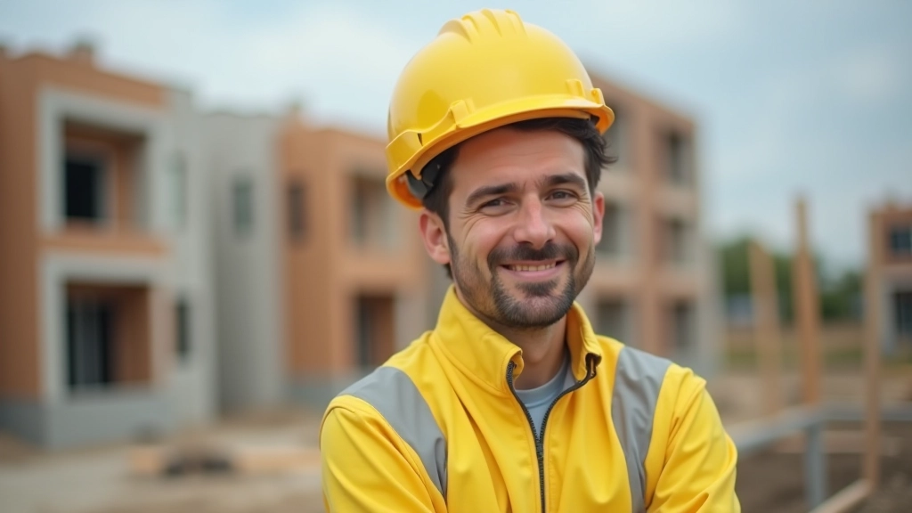 Équipe de construction sur chantier avec bâtiments résidentiels en construction en arrière-plan