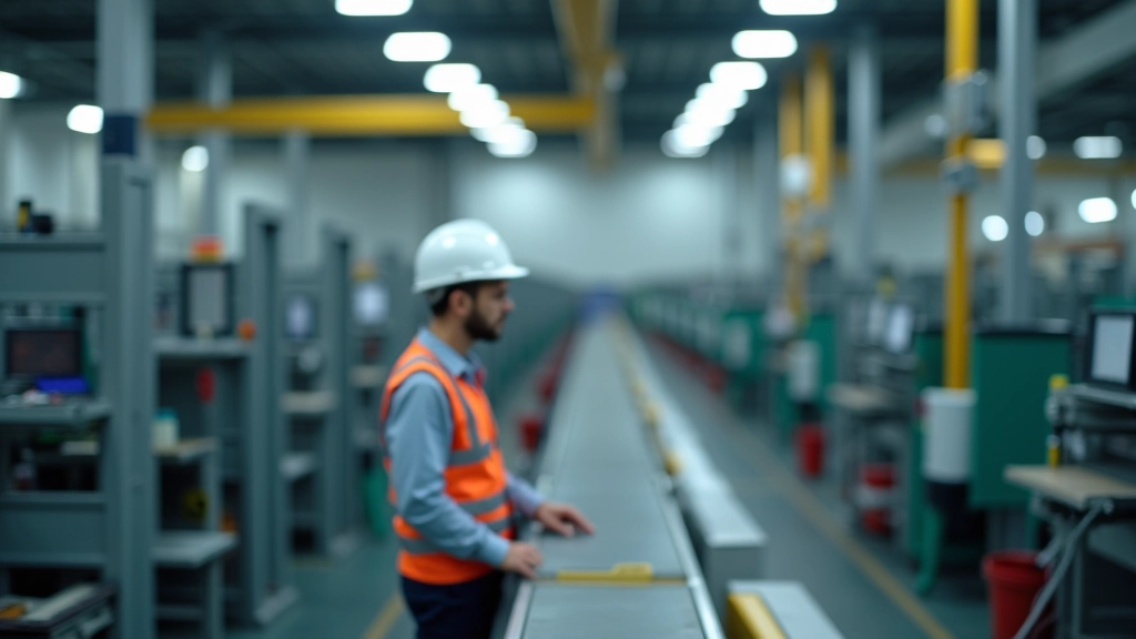 Usine moderne avec chaîne de production et responsable en vêtements de travail inspectant les installations