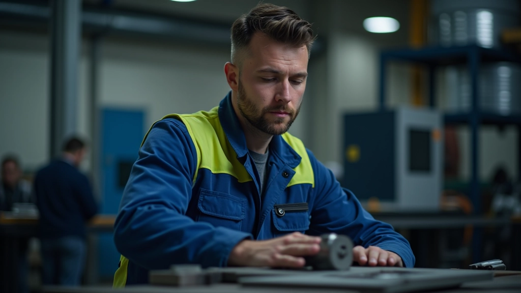 Ouvrier en atelier manufacturier inspectant une pièce métallique sur chaîne de production