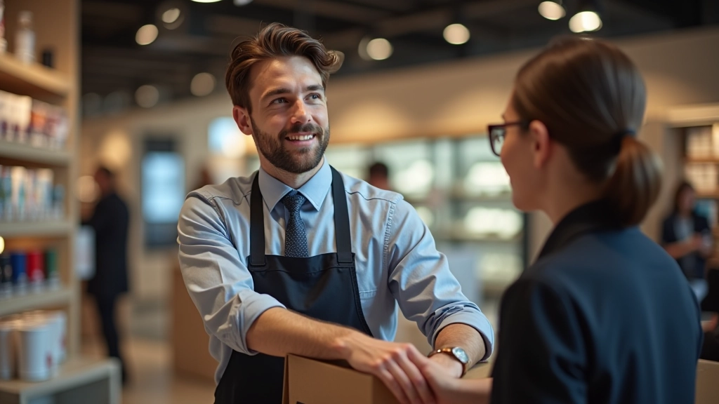 Magasin de détail avec clients parcourant les rayons et vendeur assistant un client