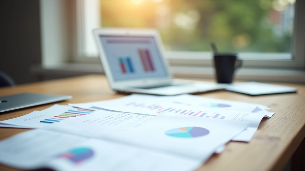 Bureau d'économiste avec plusieurs rapports et graphiques économiques affichés sur écran, organisation de données conjoncturelles